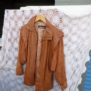 Vintage 80s T Edwards Leather Jacket Flare Shoulders Pockets Lined Cognic